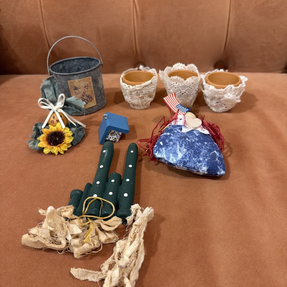 VTG Primitive Folk Art Decor Lot 8 Country Americana Doll Cactus Birdhouse Pots